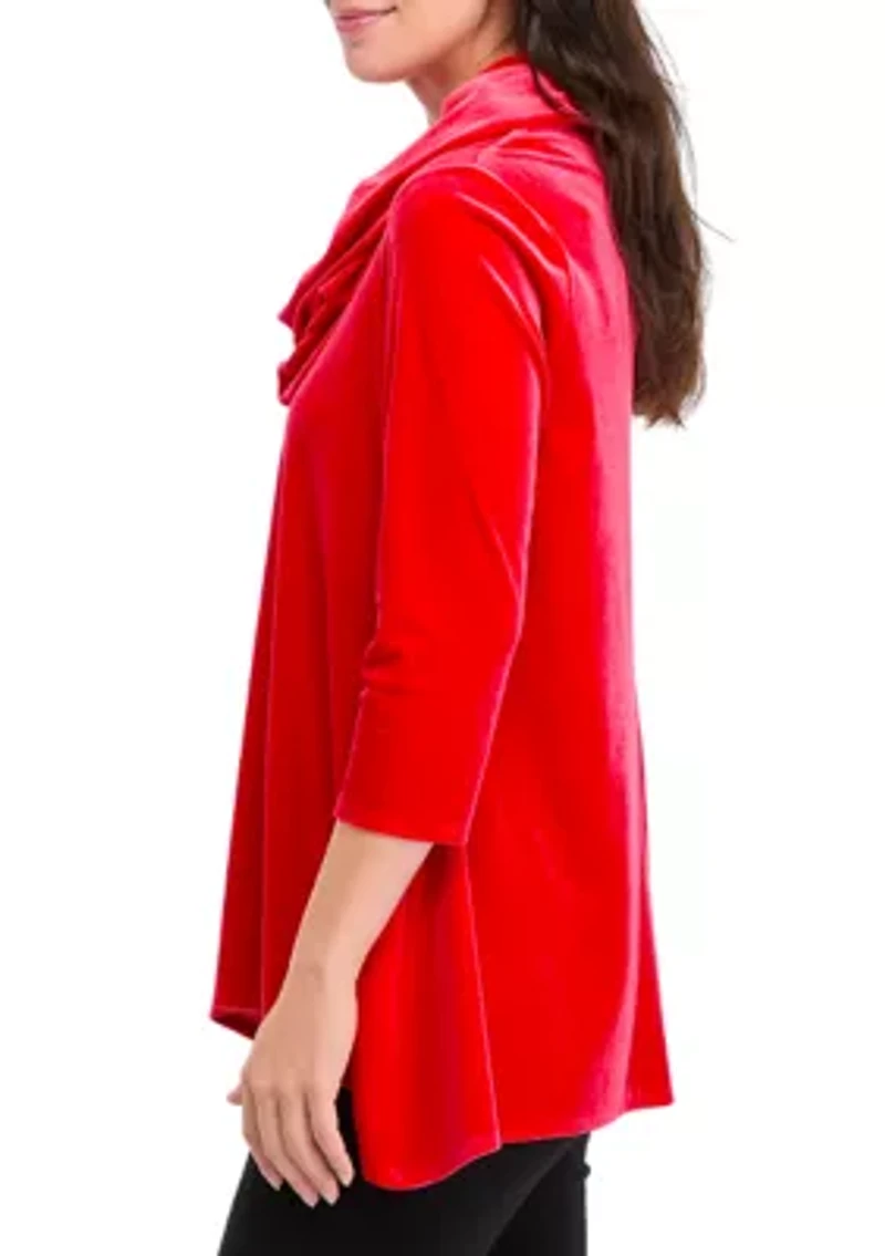 Women's Knit Velvet Shark Bite Cowl Neck Top