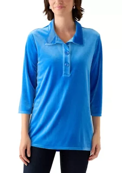 Women's 3/4 Sleeve Knit Velvet Collared Henley Shirt