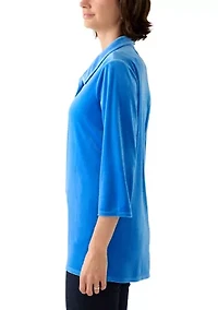 Women's 3/4 Sleeve Knit Velvet Collared Henley Shirt