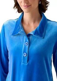 Women's 3/4 Sleeve Knit Velvet Collared Henley Shirt