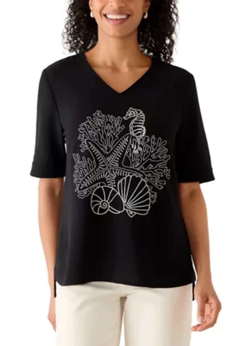 Women's Short Sleeve Embroidered V-Neck Top
