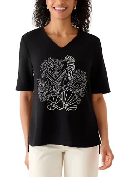 Women's Short Sleeve Embroidered V-Neck Top