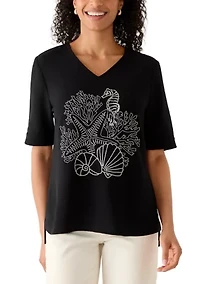 Women's Short Sleeve Embroidered V-Neck Top