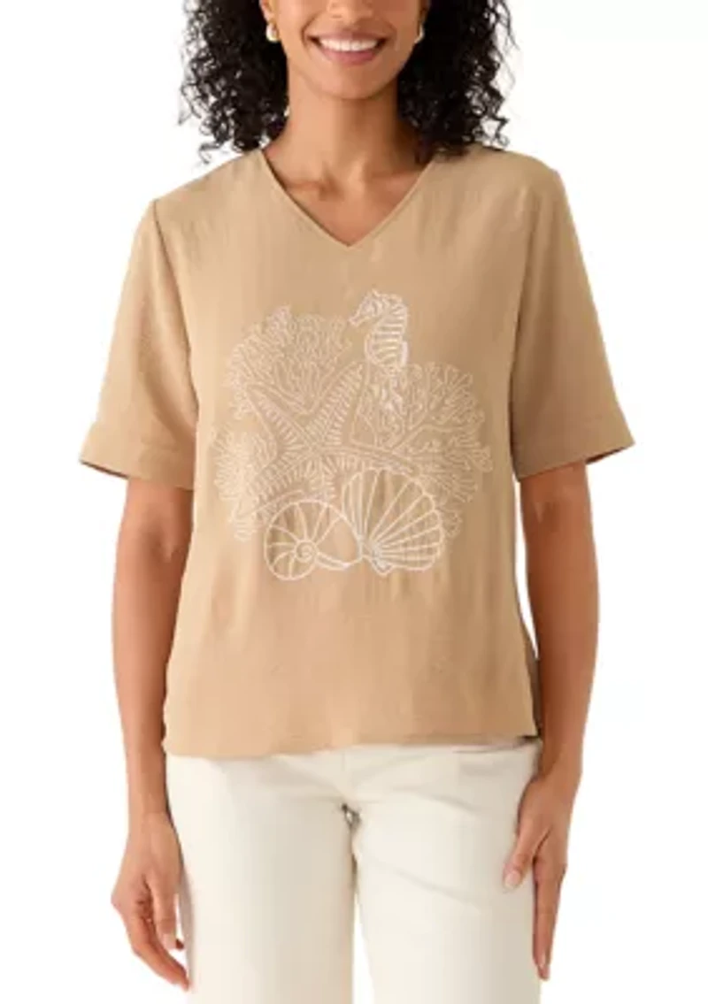 Women's Short Sleeve Embroidered V-Neck Top