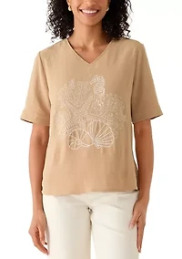 Women's Short Sleeve Embroidered V-Neck Top