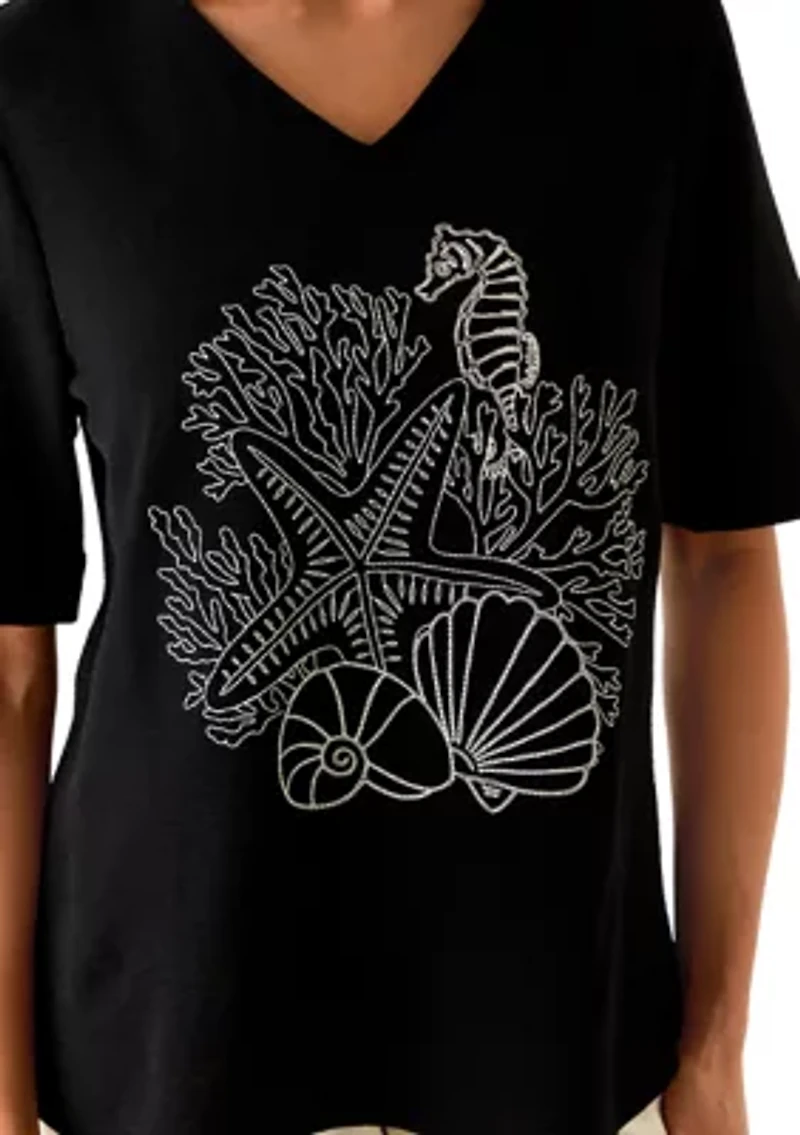 Women's Short Sleeve Embroidered V-Neck Top