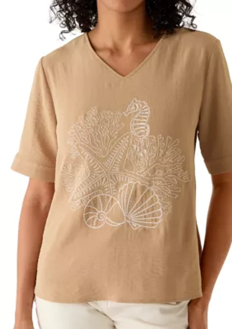 Women's Short Sleeve Embroidered V-Neck Top