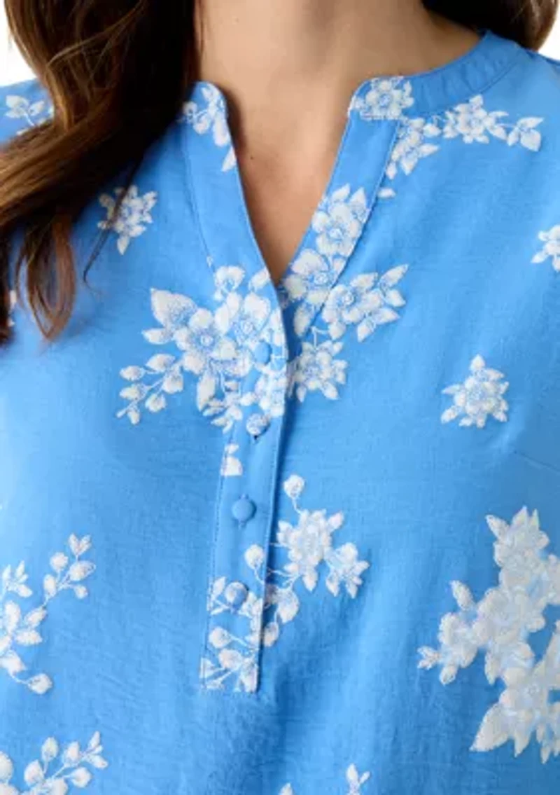 Women's 3/4 Sleeve Woven Henley Top