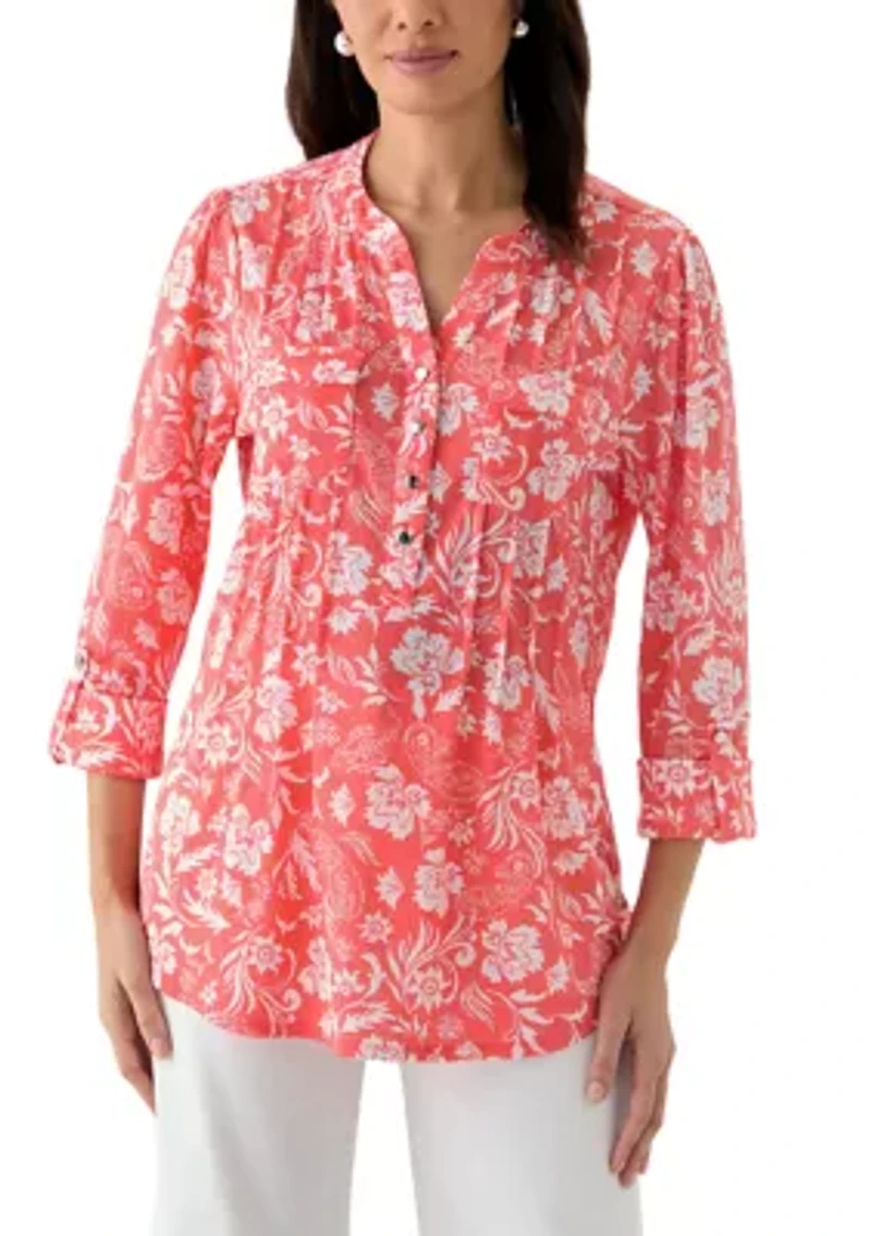 Women's 3/4 Sleeve Knit Henley Shirt with Pockets