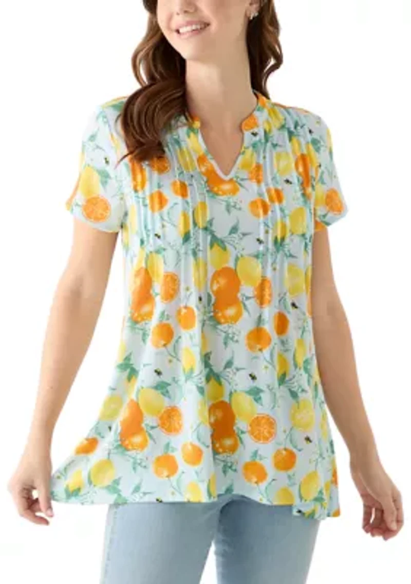 Women's Pintuck Detail Printed Top