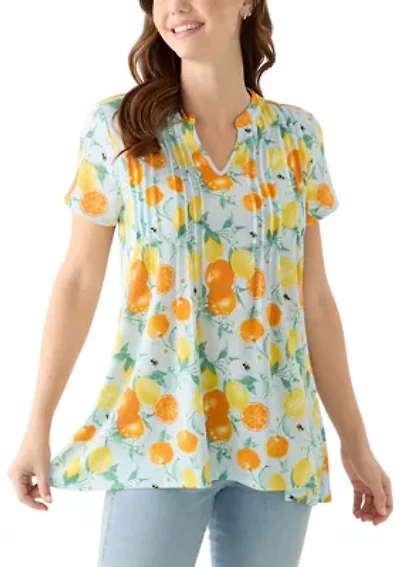Women's Pintuck Detail Printed Top