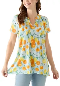 Women's Pintuck Detail Printed Top