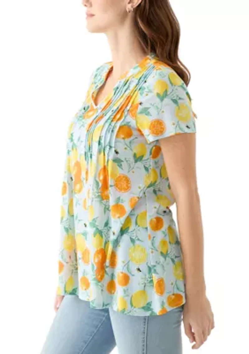 Women's Pintuck Detail Printed Top
