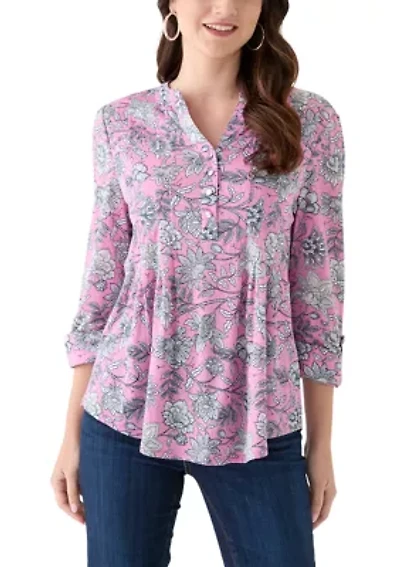 Women's 3/4 Sleeve Printed Henley Top