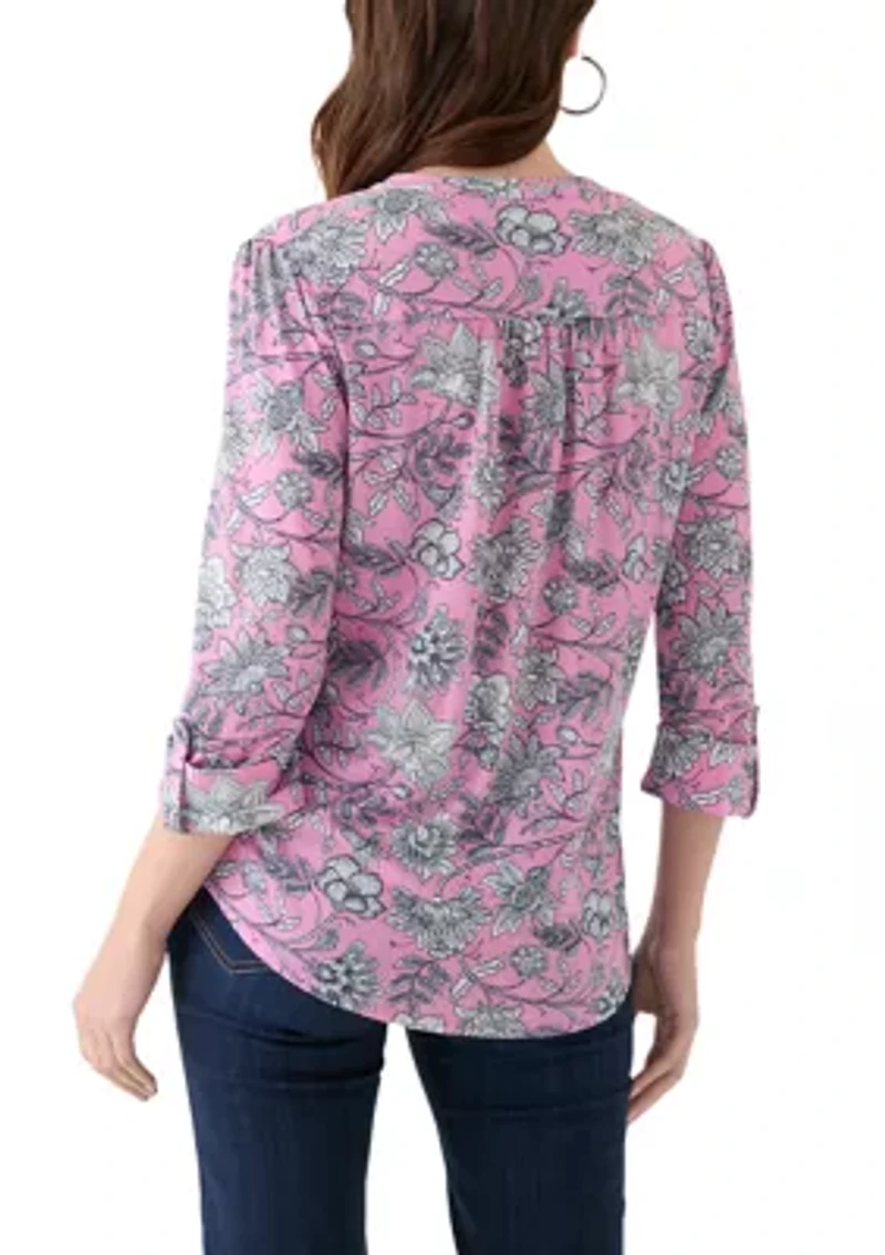 Women's 3/4 Sleeve Printed Henley Top