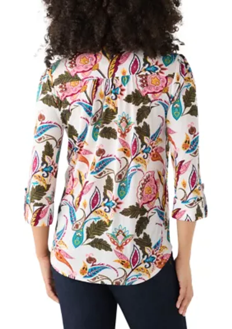 Women's 3/4 Sleeve Printed Button Up Shirt