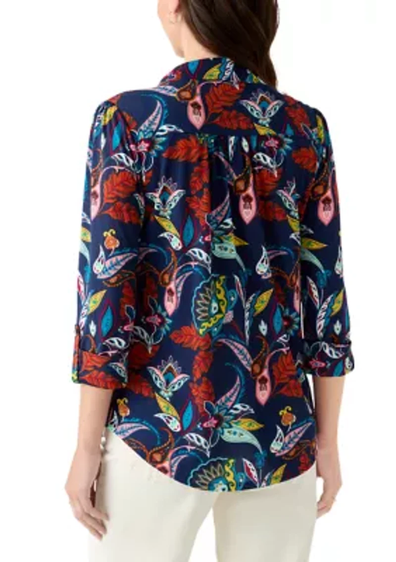 Women's 3/4 Sleeve Printed Button Up Shirt