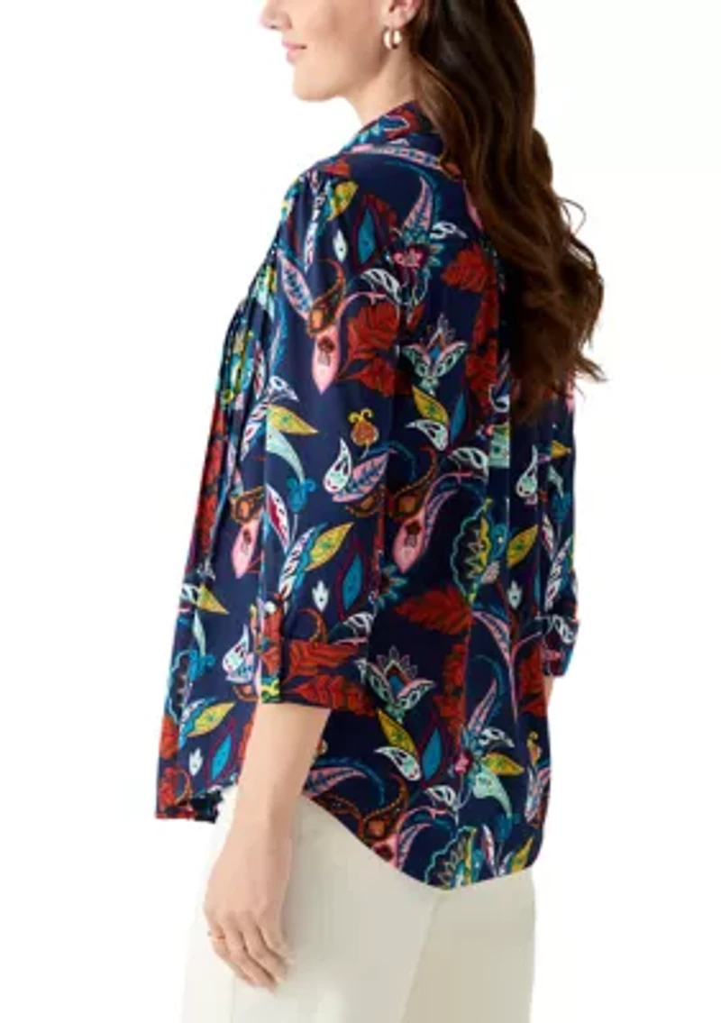 Women's 3/4 Sleeve Printed Button Up Shirt