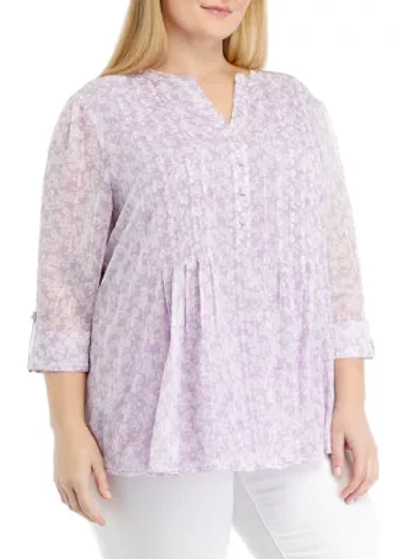 Plus 3/4 Sleeve Henley Chiffon Top