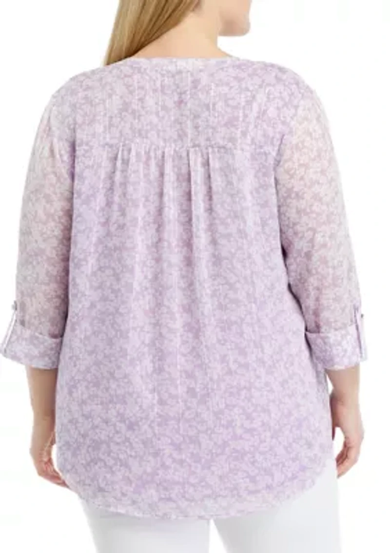 Plus 3/4 Sleeve Henley Chiffon Top