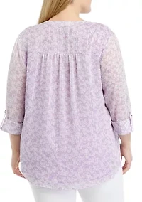 Plus 3/4 Sleeve Henley Chiffon Top