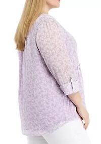 Plus 3/4 Sleeve Henley Chiffon Top