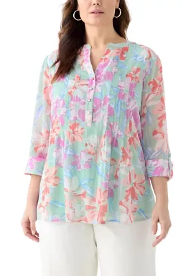 Plus 3/4 Sleeve Chiffon Printed Henley Blouse