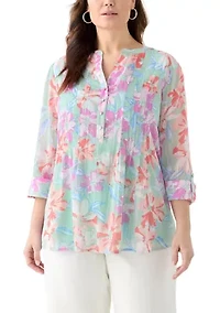Plus 3/4 Sleeve Chiffon Printed Henley Blouse