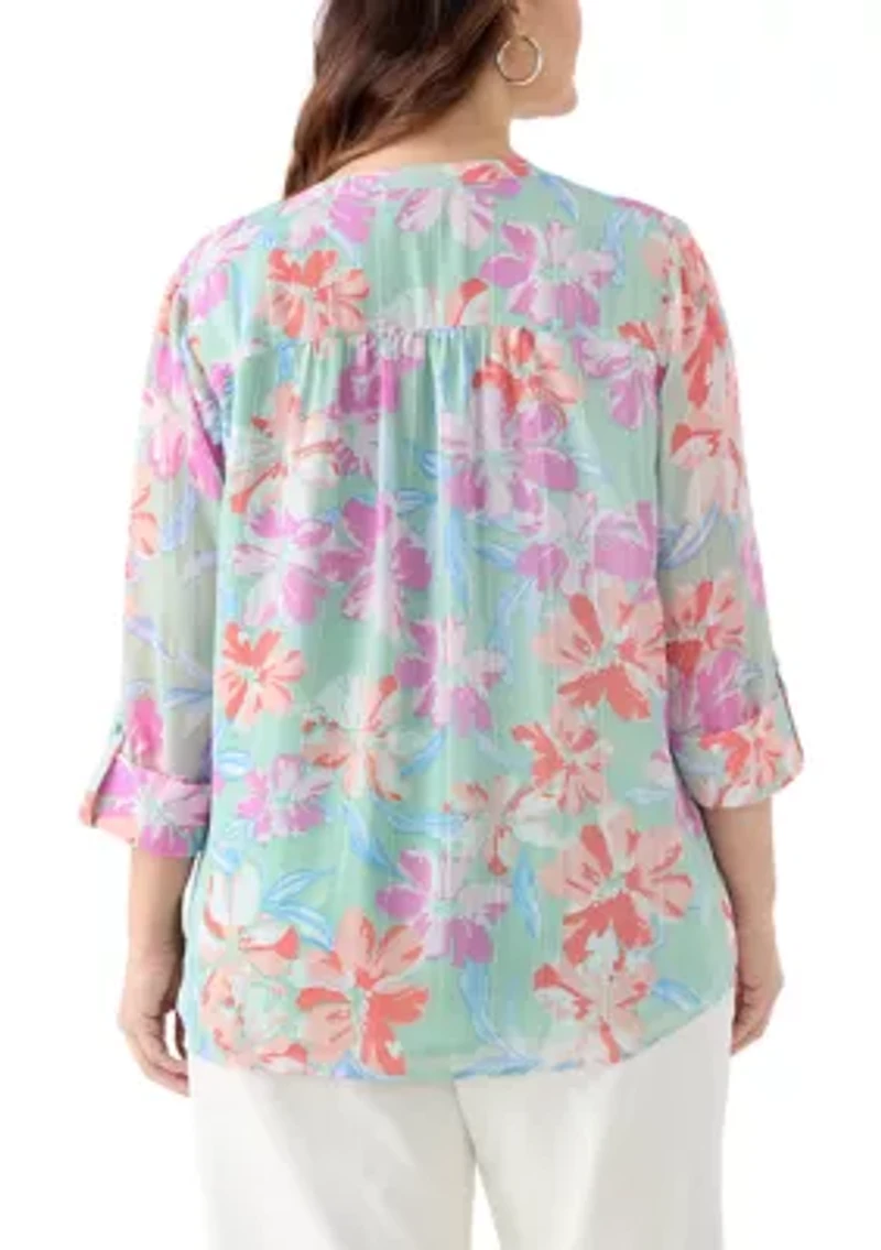 Plus 3/4 Sleeve Chiffon Printed Henley Blouse