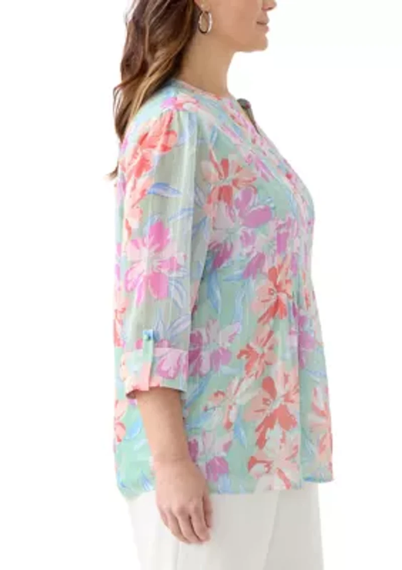 Plus 3/4 Sleeve Chiffon Printed Henley Blouse