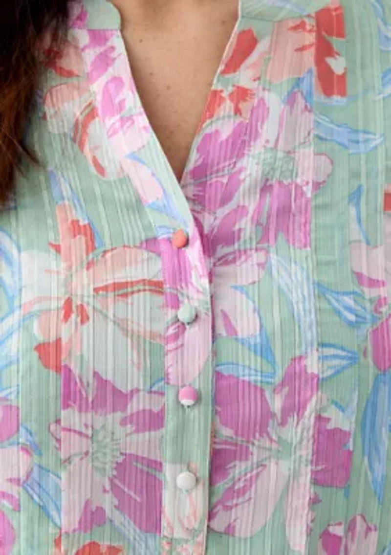 Plus 3/4 Sleeve Chiffon Printed Henley Blouse