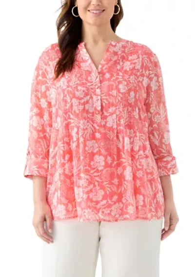 Plus 3/4 Sleeve Chiffon Printed Henley Top