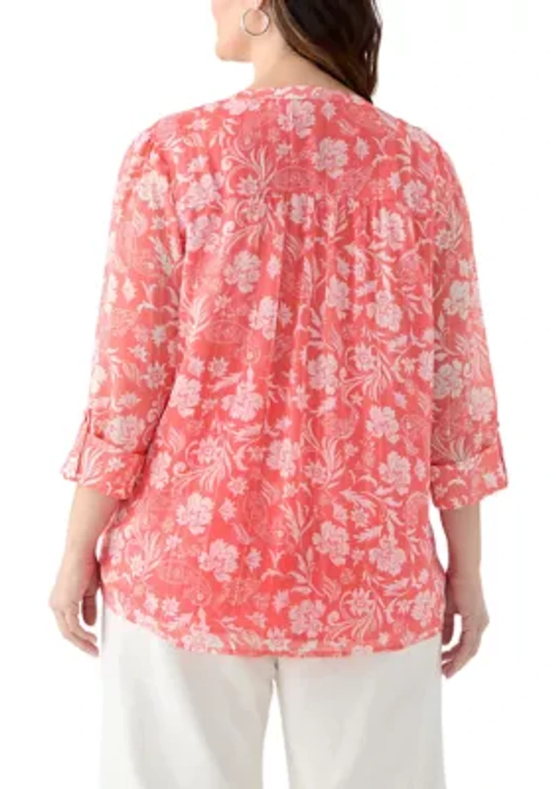 Plus 3/4 Sleeve Chiffon Printed Henley Top