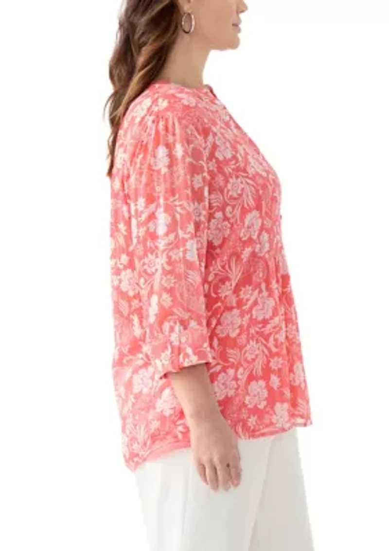 Plus 3/4 Sleeve Chiffon Printed Henley Top