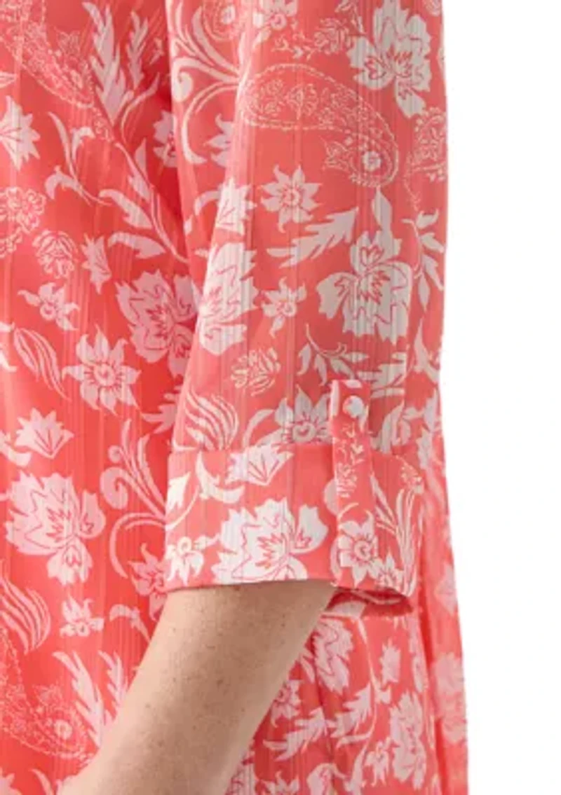 Plus 3/4 Sleeve Chiffon Printed Henley Top
