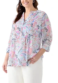 Plus 3/4 Sleeve Chiffon Printed Henley Top