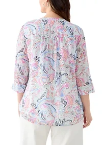 Plus 3/4 Sleeve Chiffon Printed Henley Top