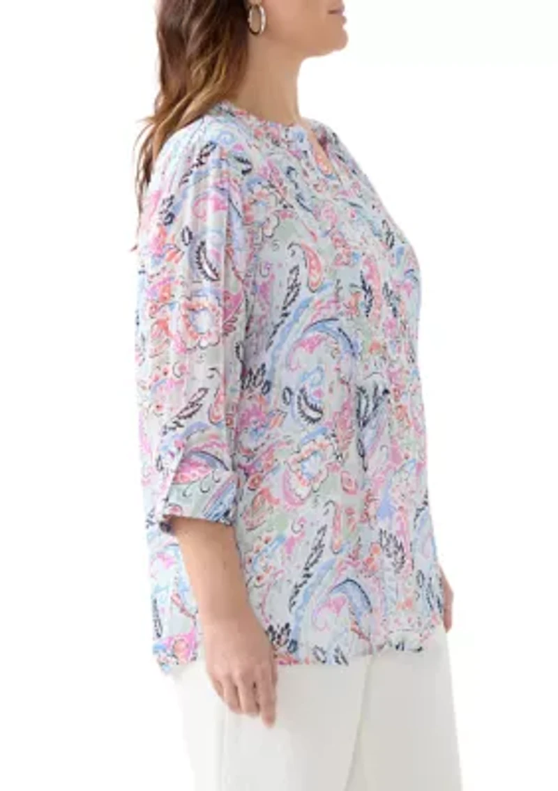 Plus 3/4 Sleeve Chiffon Printed Henley Top