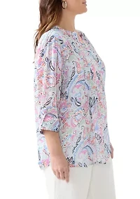 Plus 3/4 Sleeve Chiffon Printed Henley Top