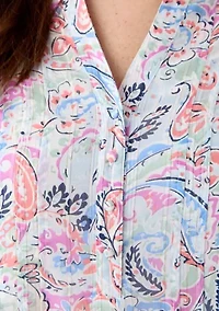 Plus 3/4 Sleeve Chiffon Printed Henley Top