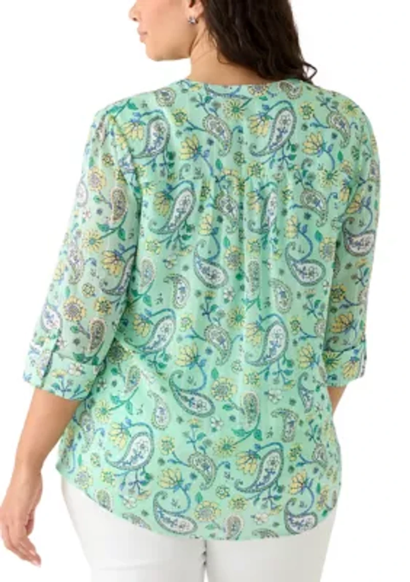 Plus 3/4 Sleeve Henley Blouse