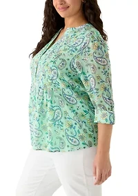 Plus 3/4 Sleeve Henley Blouse