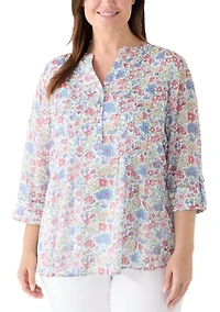 Plus 3/4 Sleeve Chiffon Henley Top