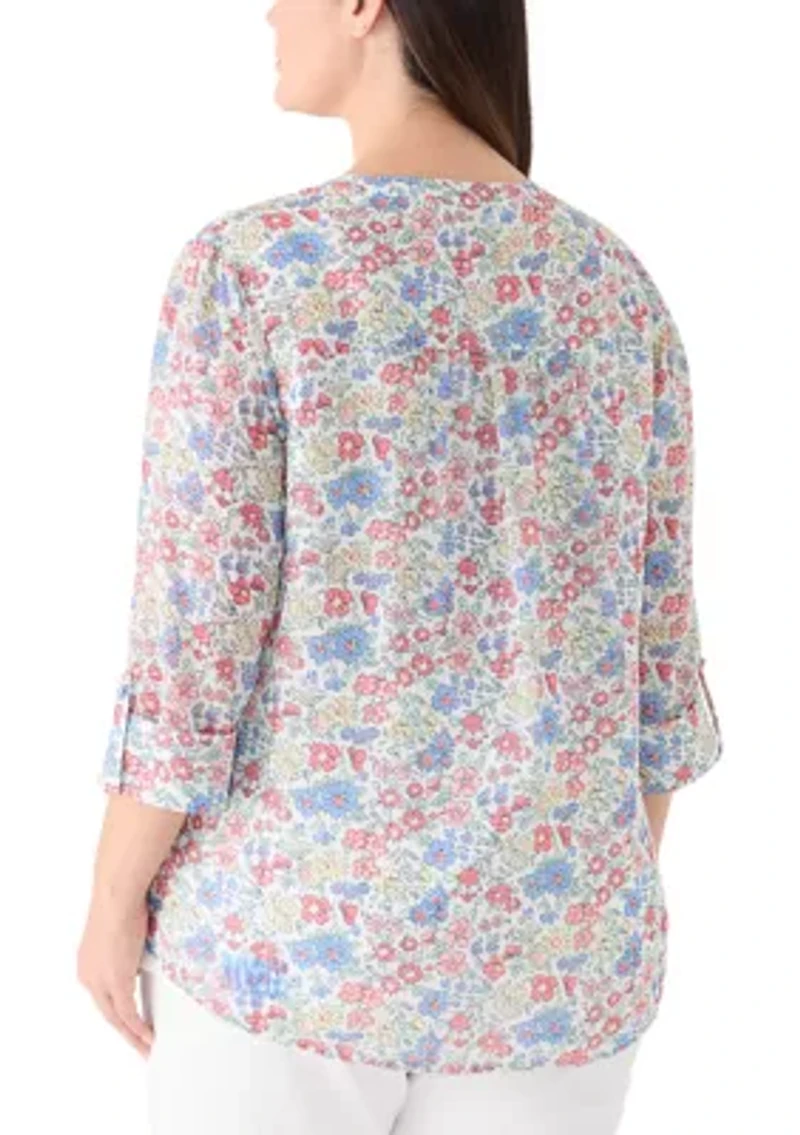 Plus 3/4 Sleeve Chiffon Henley Top