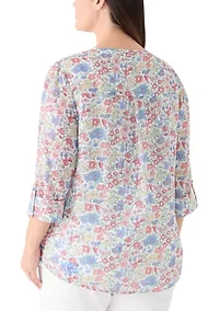 Plus 3/4 Sleeve Chiffon Henley Top