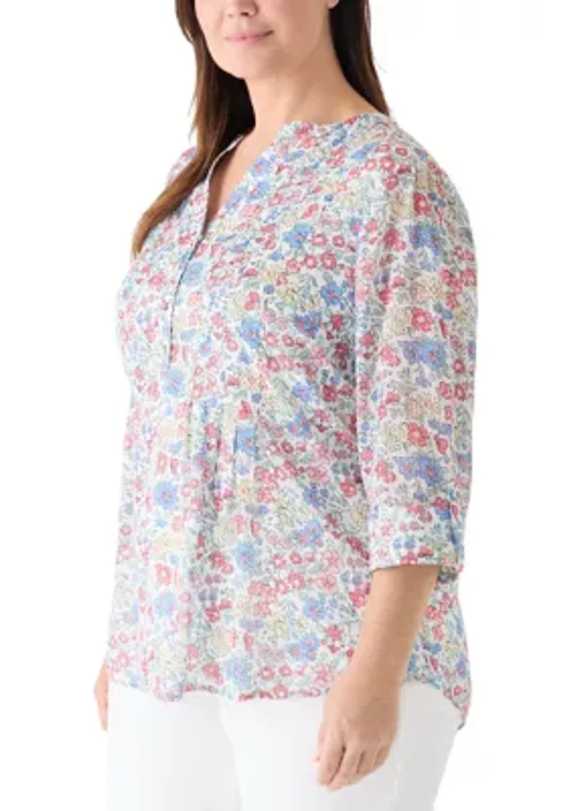 Plus 3/4 Sleeve Chiffon Henley Top