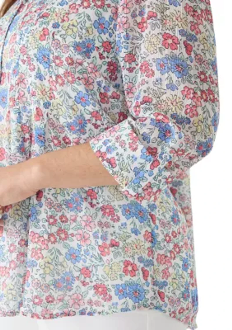 Plus 3/4 Sleeve Chiffon Henley Top