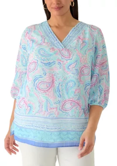 Plus Three-Quarter Sleeve Border Print Woven Top