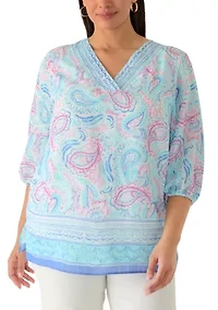 Plus Three-Quarter Sleeve Border Print Woven Top