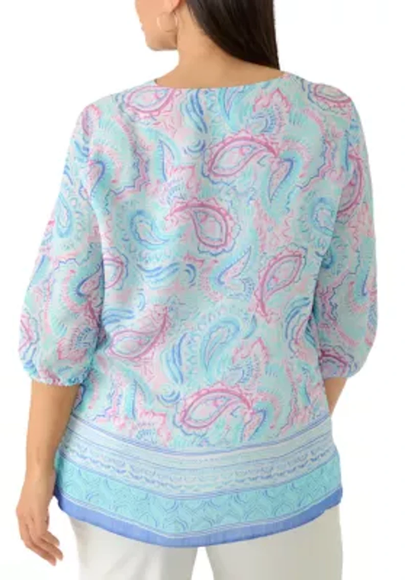Plus Three-Quarter Sleeve Border Print Woven Top